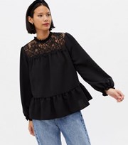 New Look Black Lace Frill High Neck Peplum Blouse